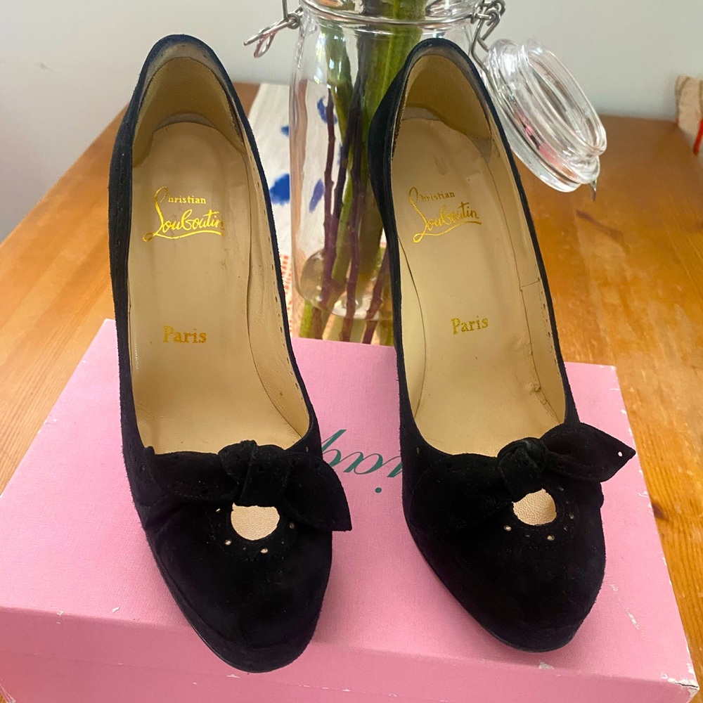 Christian Louboutin, black suede wedges, size 38 1/2